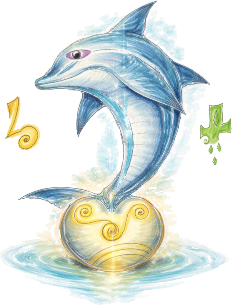 Ilustración de delfín saltando sobre una esfera dorada